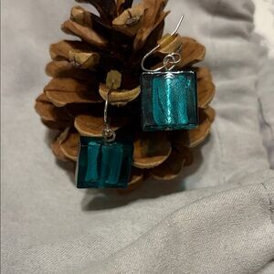 Iridescent Teal Square Glass Earrings